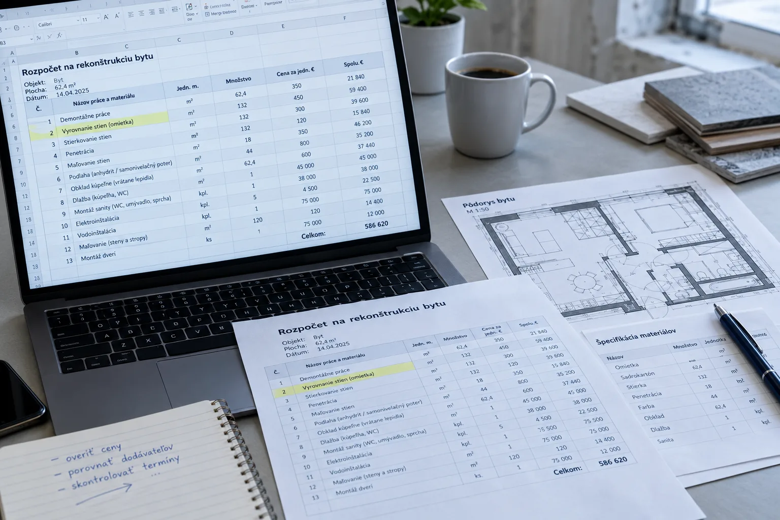 Notebook s tabuľkou rozpočtu, vedľa vytlačený rozpočet, pôdorys bytu a zápisník