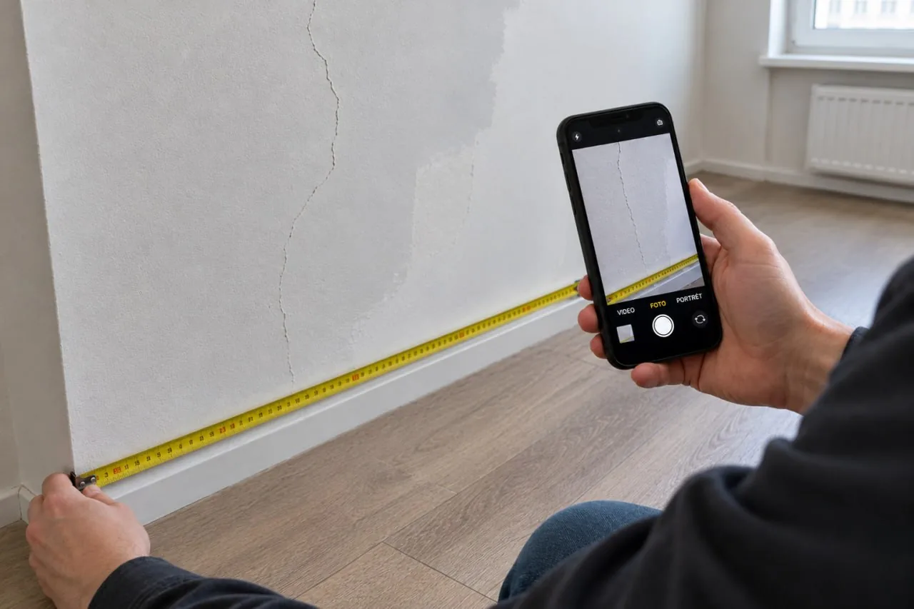 Meranie praskliny na stene metrom a fotografovanie vady telefónom pri odovzdávaní bytu